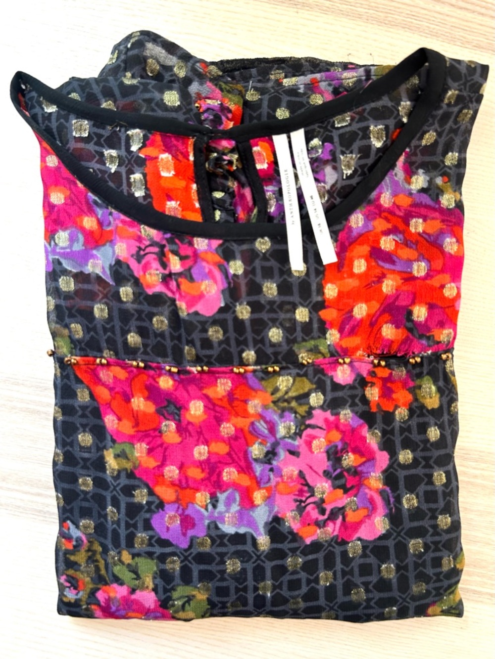 Anthropologie Fiorella Metallic Beaded Floral Polka Dot Top Boho Cottage Size 14 - Picture 9 of 10